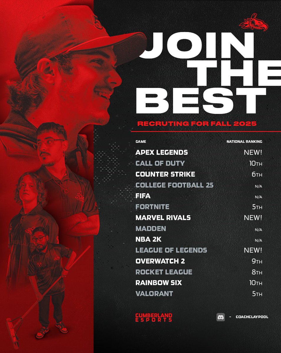 It's time to be among the stars of collegiate 🔥

Cumberland Esports are recruiting for the Fall 2025 semester, we are looking for students to join our Nationally ranked teams.

Come play in a cutting edge facility, get first of it's kind player development, and get a scholarship