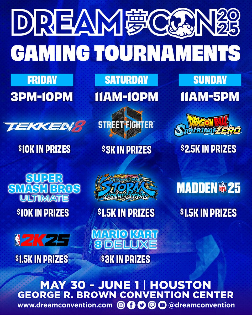 Here’s the Gaming Tournament Schedule for the weekend, so there’s still time to sign up! This schedule will be added to mobile app soon. 

Good luck to everyone that signs up &amp; let the best challengers come out on top 🏆🙏🏽

🎮 Each tournament has a $10 entry fee