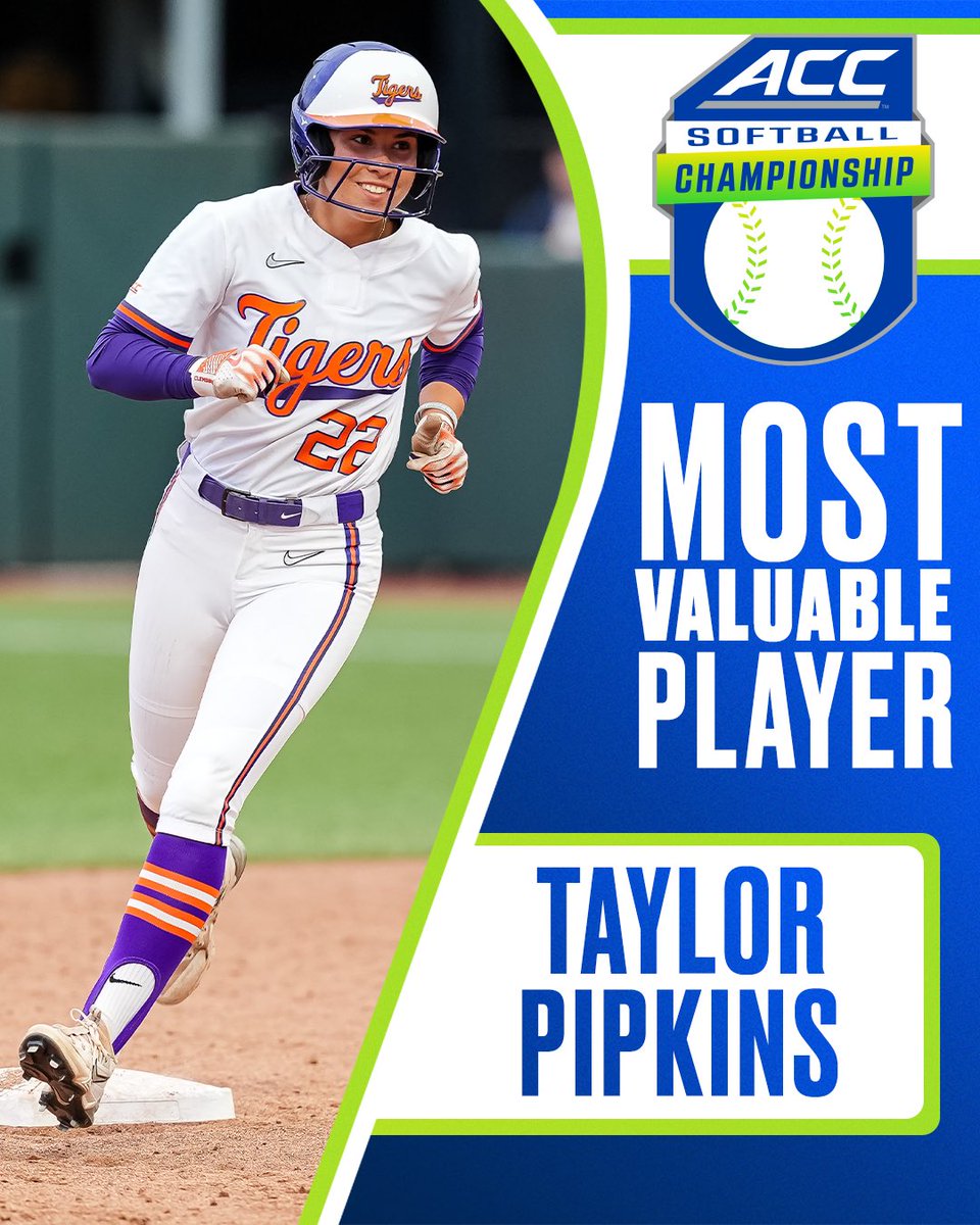 ACC Softball (@accsoftball) on Twitter photo Congratulations to the 2025 ACC Softball Championship MVP!
🏆 Taylor Pipkins, <a href="/clemsonsoftball/">Clemson Softball 🥎</a> Congratulations to the 2025 ACC Softball Championship MVP!
🏆 Taylor Pipkins, <a href="/clemsonsoftball/">Clemson Softball 🥎</a>