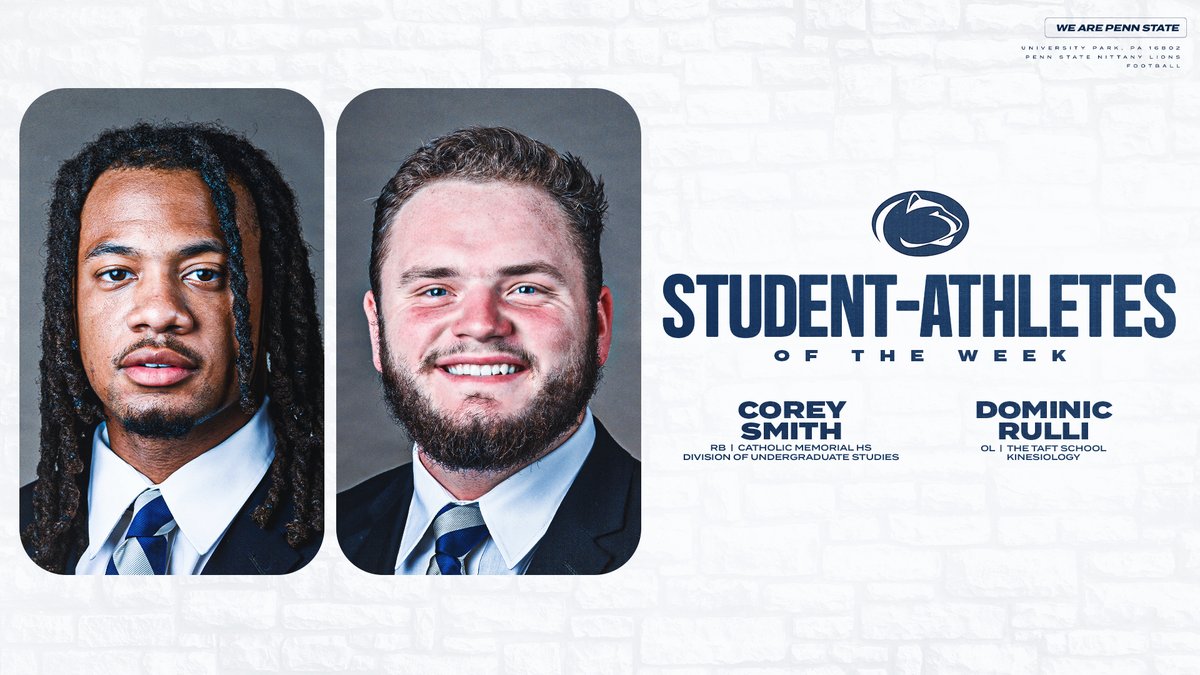 Penn State Football (@pennstatefball) on Twitter photo S/o to our Student-Athletes of the Week:
▫️Corey Smith (@CMHFootball)
▫️Dominic Rulli (<a href="/TaftFootballCT/">Taft Football</a>)
#WeAre S/o to our Student-Athletes of the Week:
▫️Corey Smith (@CMHFootball)
▫️Dominic Rulli (<a href="/TaftFootballCT/">Taft Football</a>)
#WeAre
