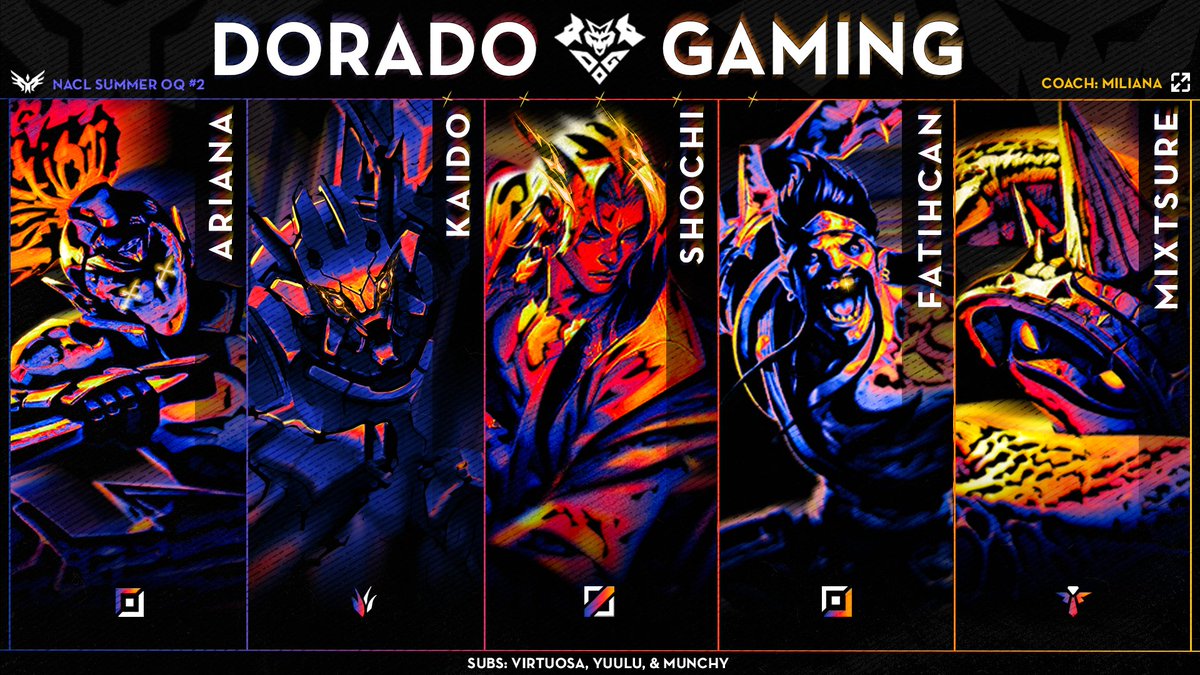 We are proud and excited to announce our roster for NACL OQ! #DoGWIN #YearOfTheDoG

🗡️ <a href="/Ariana__LOL/">Jakub ARIANA Śliwonik</a> 
🌲 <a href="/KaidoJungle/">Kaido</a> 
⚔️ <a href="/lolshochi/">shochi</a> 
🪓 <a href="/fatihcand15/">Fatihcan</a> 
🛡️ <a href="/MixtsureLOL/">Mixtsure</a>
👉 <a href="/milianalove/">miliana</a>
