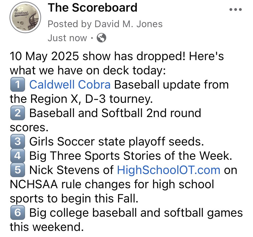 David Jones (@scoreboardradio) on Twitter photo Here's the lineup and the link if you missed the show live this morning! <a href="/CaldwellCobras/">CALDWELL ATHLETICS</a> <a href="/CaldwellCCBase1/">Caldwell Community College Baseball</a> <a href="/LinkJeffery/">Jeff Link</a> <a href="/NickStevensHSOT/">Nick Stevens | HighSchoolOT</a> <a href="/HighSchoolOT/">HighSchoolOT</a>
Listen here: gofoothills.com/episode/the-sc… Here's the lineup and the link if you missed the show live this morning! <a href="/CaldwellCobras/">CALDWELL ATHLETICS</a> <a href="/CaldwellCCBase1/">Caldwell Community College Baseball</a> <a href="/LinkJeffery/">Jeff Link</a> <a href="/NickStevensHSOT/">Nick Stevens | HighSchoolOT</a> <a href="/HighSchoolOT/">HighSchoolOT</a>
Listen here: gofoothills.com/episode/the-sc…