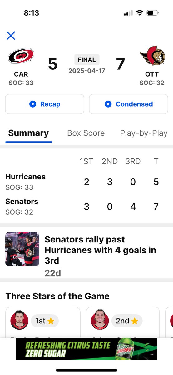 Hey <a href="/NHL_On_TNT/">NHLonTNT</a> fact check. Sens beat Canes less than a month ago when Canes were up 2 after second!??!