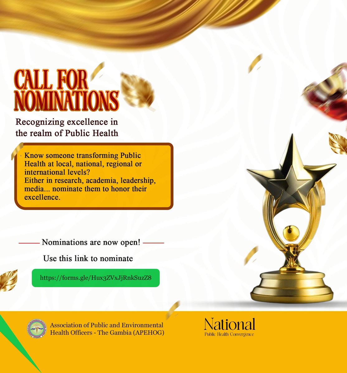 🚨 Nominations are OPEN!
Know a colleague who’s raising the bar in public health? 💪
Now’s your chance to get them the recognition they deserve at #Convergence2025!

🔗 Submit here: 
ohttps://forms.gle/mPJteXvtgh4fGkFM8 
Let’s celebrate our heroes! 🏆
#APEHOGAwards #PublicHealth