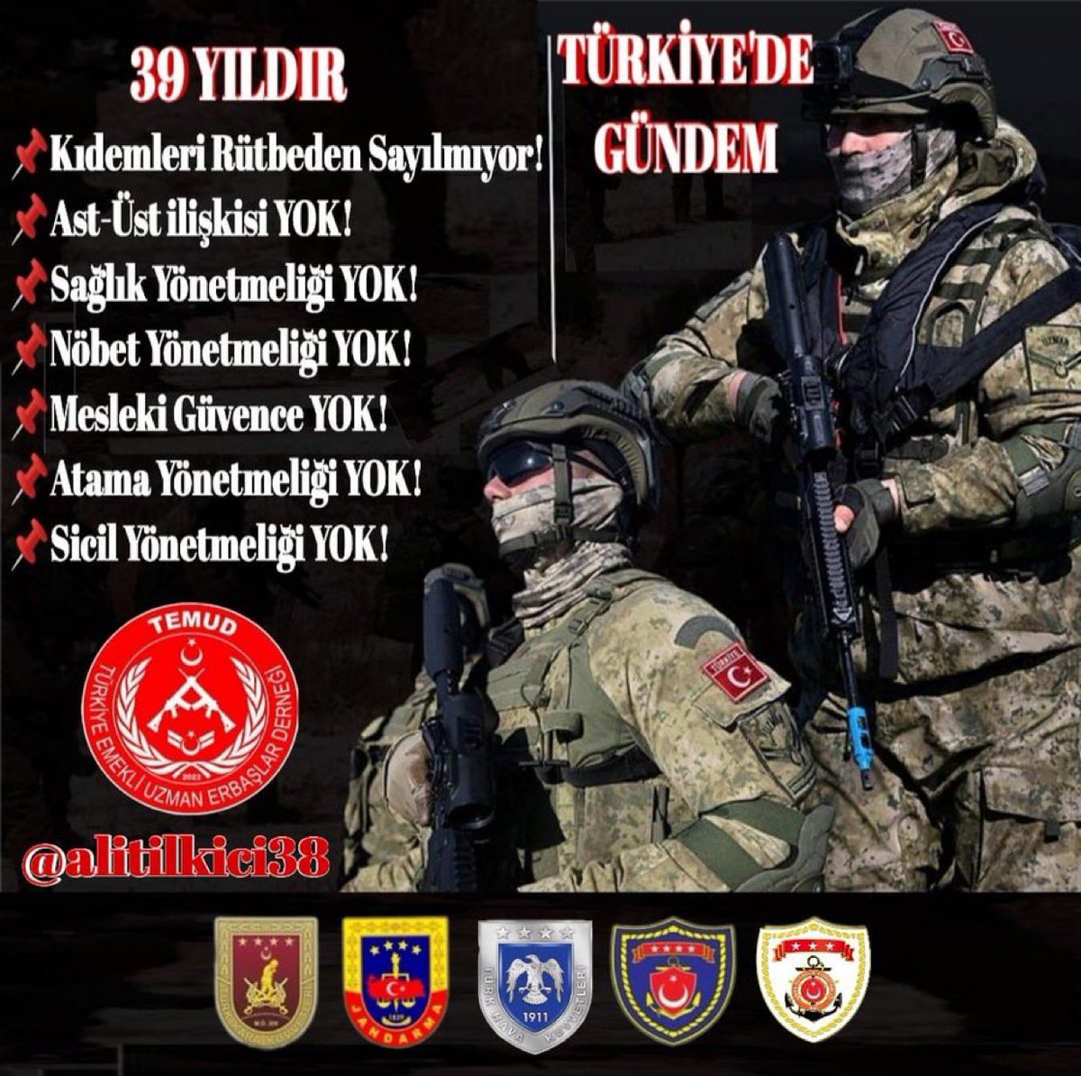 Askerliğin en önemli olgusu disiplin olmasına rağmen 39 yıldır bizim ast-üst ilişkisi/Kıdemlerin rütbeden sayılması yapılmadı.
Silahlı Kuvvetlere zarar görüyor,Ordu Zarar görüyor,Personel zarar görüyor.
<a href="/TEMUD_2024/">Türkiye Emekli Uzman Erbaşlar Derneği (TEMUD)</a> 
#UzmanÇavuşlar
#UzmanÇavuşaHak
#EmekliUzmanÇavuş