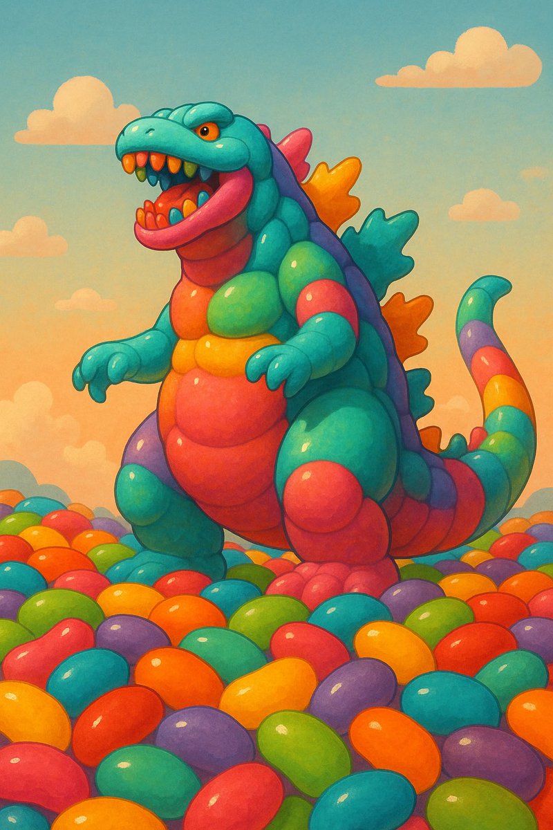 jason085739's tweet image. Behold: Jellybean Godzilla. He doesn’t destroy cities—he melts reality with flavor. #InterpreterEconomy #Glimcore
#AIart #Surrealism #CryptoCulture