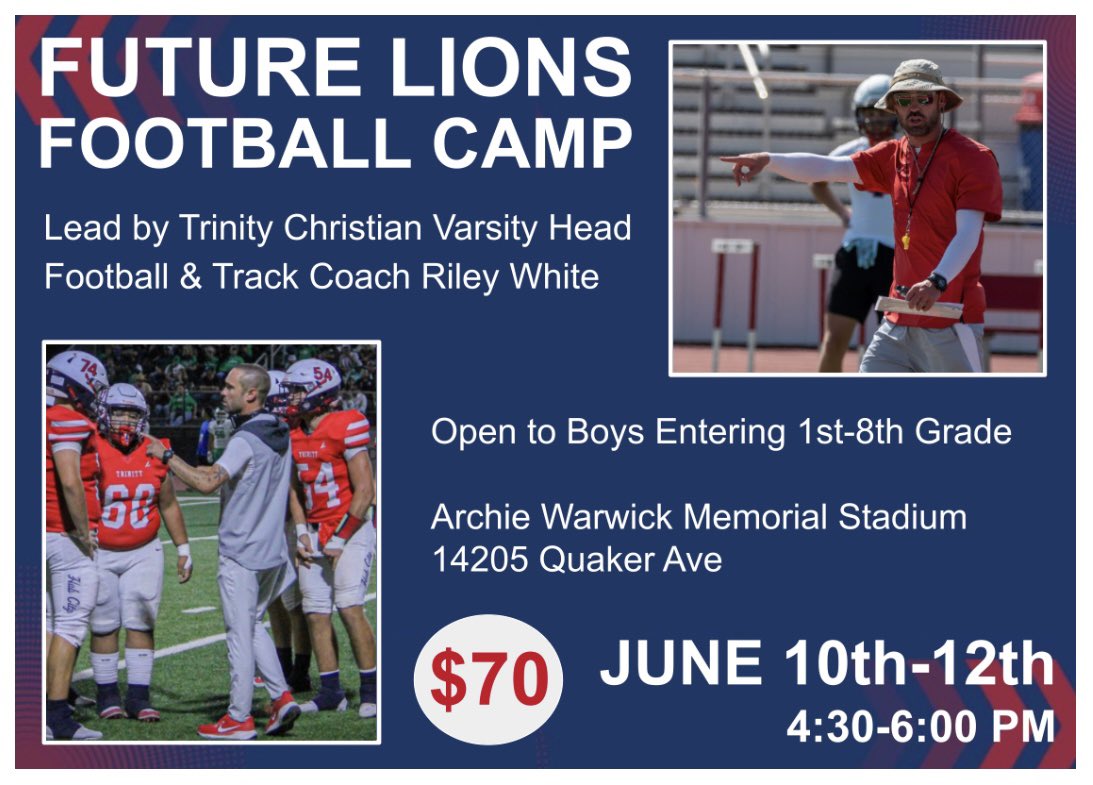Middle School &amp; Youth football players in 🌵Lubbock🌵, don’t miss Trinity Christian Head Football Coach Riley White’s “Future Lions Football Camp” June 10th-12th from 4:30-6:00 for boys entering the 1st-8th grade this fall! <a href="/hurdle4Him/">Riley White, M.Ed.</a>

Register below: 
docs.google.com/forms/d/e/1FAI…