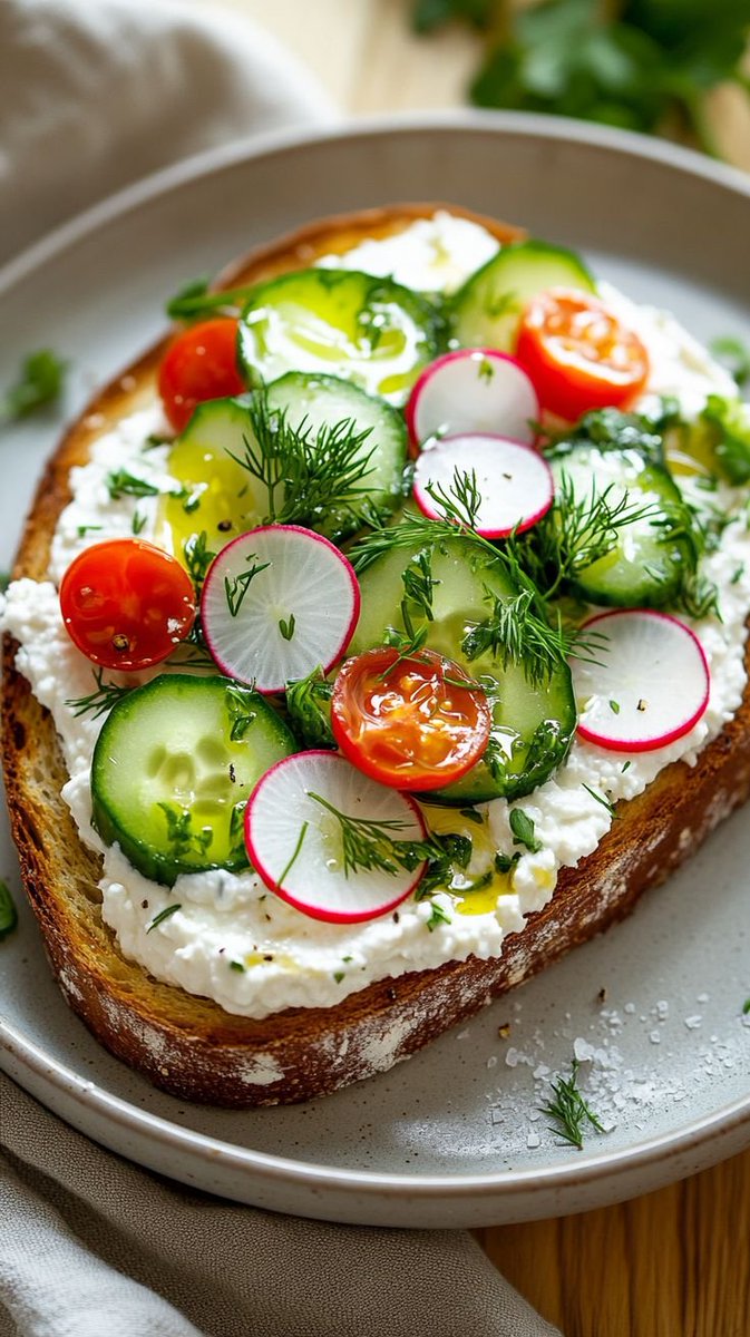 Ricotta toast with fresh herbs and veggies