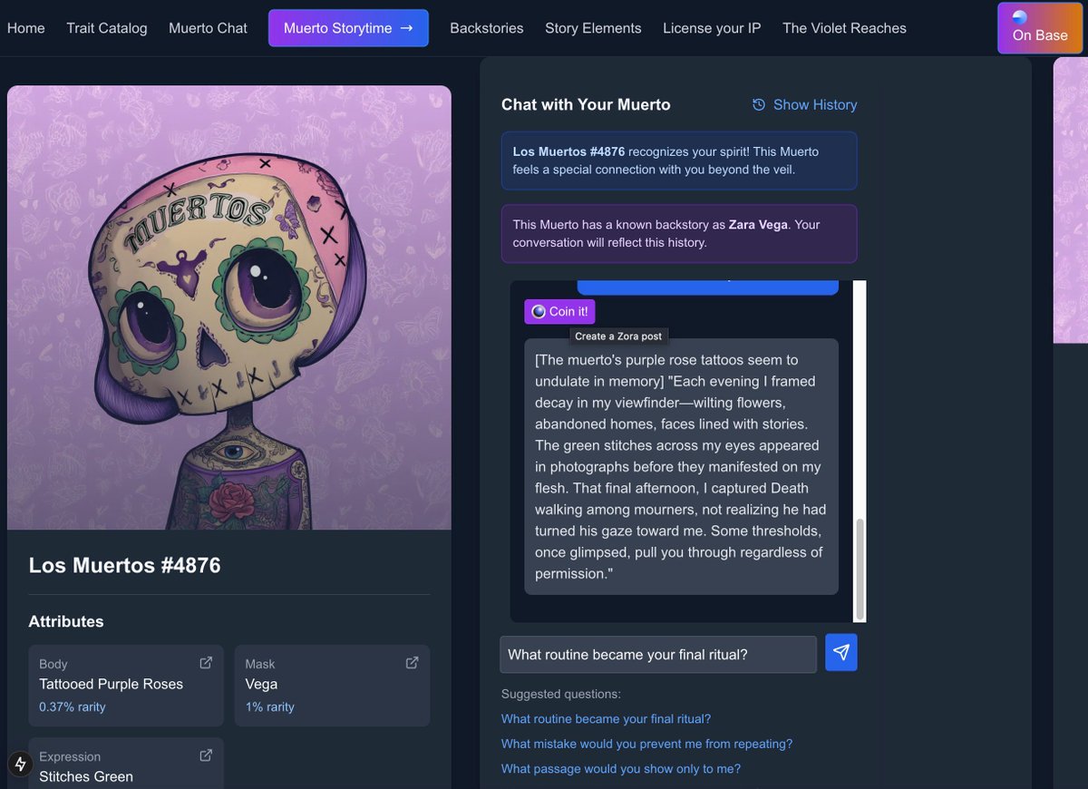 Been eyeing this delightful Muerto for days. Finally decided to give her a permanent home in the graveyard. Then I realized she's perfect for a teaser demo of what I'm cooking <a href="/base/">Base</a> and <a href="/zora/">zora</a>. Base is for Muertos! <a href="/los_muertosNFT/">Los Muertos</a> #vivalosmuertos Soon everyone can coin their own