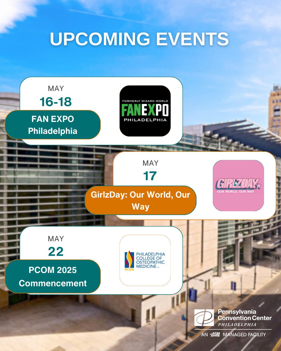 PA Convention Center (@paconvention) on Twitter photo From fan culture and experiences to girl empowerment expos and graduations, the #PAConventionCenter is the place to be!
Which of these upcoming events will you be attending?
<a href="/FANEXPOPhilly/">FAN EXPO Philadelphia</a>
<a href="/GirlScoutsEPenn/">Girl Scouts: East PA</a>
<a href="/PCOMeducation/">PCOM</a>
#UpcomingEvents #PhiladelphiaEvents #GreatSpacePHL From fan culture and experiences to girl empowerment expos and graduations, the #PAConventionCenter is the place to be!
Which of these upcoming events will you be attending?
<a href="/FANEXPOPhilly/">FAN EXPO Philadelphia</a>
<a href="/GirlScoutsEPenn/">Girl Scouts: East PA</a>
<a href="/PCOMeducation/">PCOM</a>
#UpcomingEvents #PhiladelphiaEvents #GreatSpacePHL