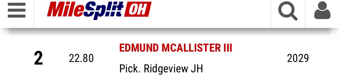 Edmund McAllister III (@emac2029) on Twitter photo AGTG I broke the 100m and 200m school record today.
100m - 11.26
200m - 22.80
<a href="/OHMileSplit/">MileSplit Ohio</a> <a href="/PCTigerFootball/">PCtigerfootball</a> <a href="/coachH2bwill/">Brandon Williams</a> <a href="/DJRSwework/">Darren Junior Recruiting Source LLC.</a> AGTG I broke the 100m and 200m school record today.
100m - 11.26
200m - 22.80
<a href="/OHMileSplit/">MileSplit Ohio</a> <a href="/PCTigerFootball/">PCtigerfootball</a> <a href="/coachH2bwill/">Brandon Williams</a> <a href="/DJRSwework/">Darren Junior Recruiting Source LLC.</a>