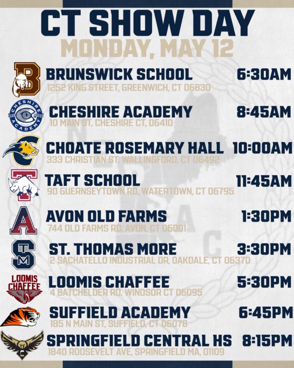 Coach Jon Wholley (@jonathanwholley) on Twitter photo 🦞Northeast Show Days-Day #1 🗽
📅 Mon, May 12th- Schedule
Excited for everyone to be here!
1️⃣ <a href="/Wick_Football_/">Brunswick Football</a>
2️⃣ <a href="/CAcatsFB1794/">Cheshire Academy Football</a>
3️⃣ <a href="/CRHFootball/">Choate Rosemary Hall Football 🐗</a>
4️⃣ <a href="/TaftFootballCT/">Taft Football</a>
5️⃣ <a href="/AOF_Football/">AOF Football</a>
6️⃣ <a href="/STMCT_Football/">St. Thomas More Football</a>
7️⃣ <a href="/LoomisFootball/">Loomis Chaffee Football</a>
8️⃣ <a href="/SATigerFootball/">Suffield Academy Football</a>
9️⃣ <a href="/CentralFB413/">Springfield Central Football</a> 🦞Northeast Show Days-Day #1 🗽
📅 Mon, May 12th- Schedule
Excited for everyone to be here!
1️⃣ <a href="/Wick_Football_/">Brunswick Football</a>
2️⃣ <a href="/CAcatsFB1794/">Cheshire Academy Football</a>
3️⃣ <a href="/CRHFootball/">Choate Rosemary Hall Football 🐗</a>
4️⃣ <a href="/TaftFootballCT/">Taft Football</a>
5️⃣ <a href="/AOF_Football/">AOF Football</a>
6️⃣ <a href="/STMCT_Football/">St. Thomas More Football</a>
7️⃣ <a href="/LoomisFootball/">Loomis Chaffee Football</a>
8️⃣ <a href="/SATigerFootball/">Suffield Academy Football</a>
9️⃣ <a href="/CentralFB413/">Springfield Central Football</a>