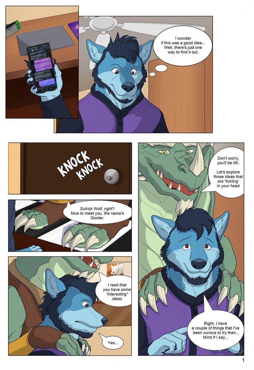 How I met the dragon tickler -page 1

The message asks the wolf if he's sure, and seems that he is 👀🐺

Commission for <a href="/SulrickWolf/">Sulrick Wolf ➡️ Confuror 2025</a>