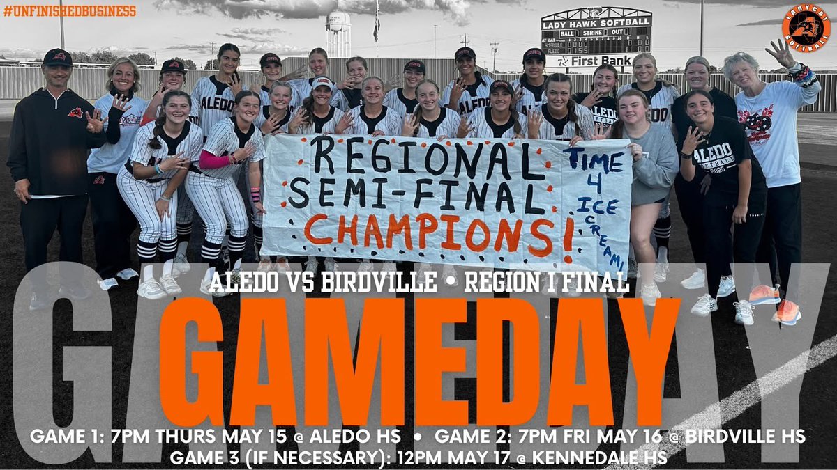 Ladycat Softball (@ladycatsoftbal1) on Twitter photo The Ladycats will face Birdville in the Region 1 Final & we need EVERYONE there ready to make some noise!π£
GAME 1οΈβ£: 7PM Thurs, May 15 at Aledo HS
Game 2οΈβ£: 7PM Fri, May 16 at Birdville HS
Game 3οΈβ£ (if necessary): 12PM Sat, May 17 at Kennedale HS
Let's go #Ladycatsoftball!π₯ππ§‘π€ The Ladycats will face Birdville in the Region 1 Final & we need EVERYONE there ready to make some noise!π£
GAME 1οΈβ£: 7PM Thurs, May 15 at Aledo HS
Game 2οΈβ£: 7PM Fri, May 16 at Birdville HS
Game 3οΈβ£ (if necessary): 12PM Sat, May 17 at Kennedale HS
Let's go #Ladycatsoftball!π₯ππ§‘π€