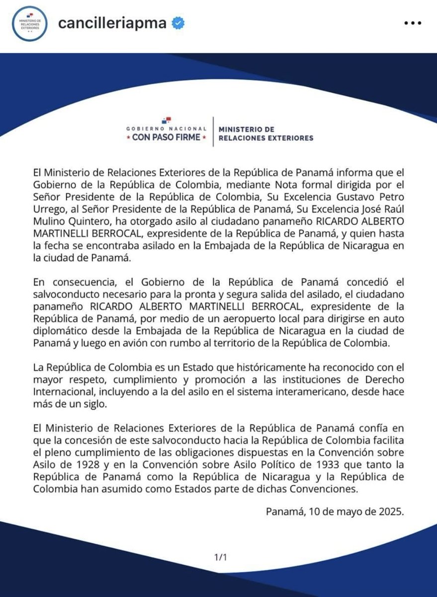 JCasis25's tweet image. URGENTE
Martinelli abandona embajada de Nicaragua y se le otorga Asilo Político en Colombia
La Cancillería de Panamá ha confirmado que el expresidente Ricardo Martinelli Berrocal ha abandonado nuestro país, con rumbo a Colombia, tras permitir el presidente Gustavo Petro