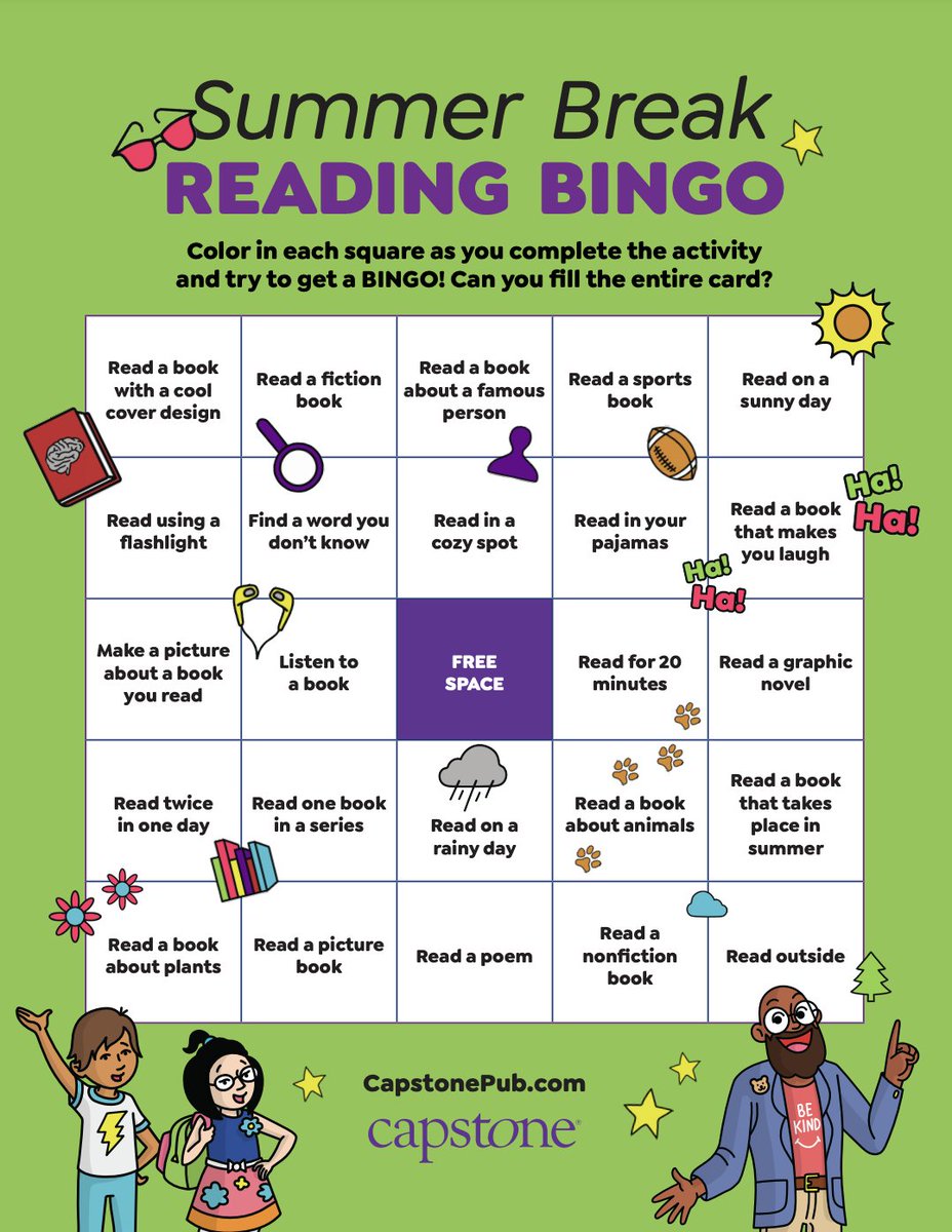 shannonmmiller's tweet image. We love reading bingo cards! 📚

Here is a super fun Summer Break Reading Bingo from our friends at @CapstonePub 💜

buff.ly/RlBUHkg

#summerreading #summer #tlchat #futurereadylibs #libraries #librarians #ISTElib
