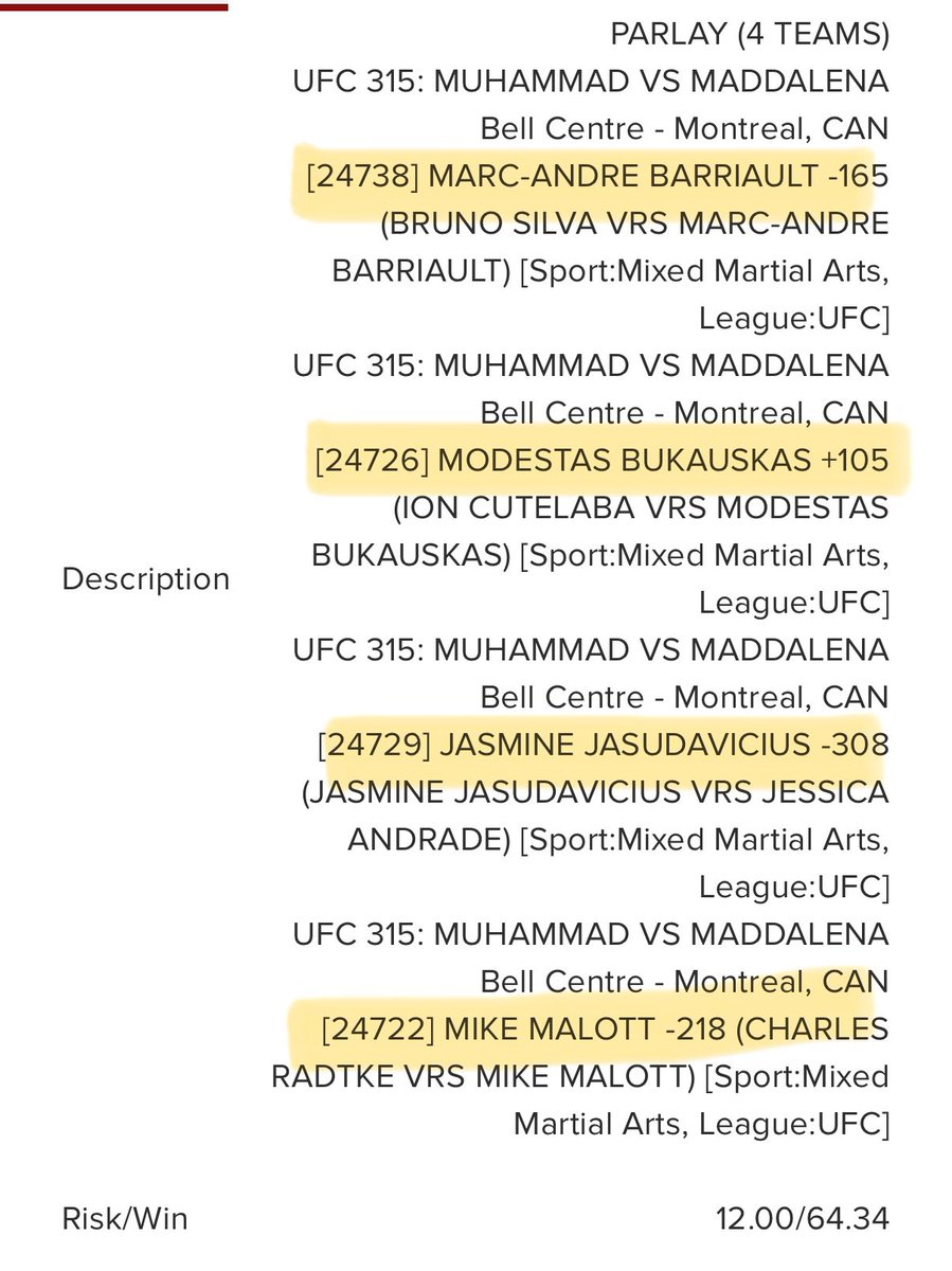 UFC_Oracle's tweet image. #ufc315 all we need is @Michael_Malott to hit this 4-fight parlay. Let’s go!
