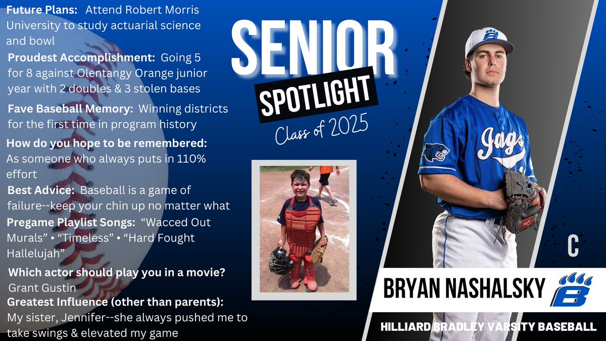 Hilliard Bradley Dugout Club (@bradleydugout) on Twitter photo Senior Shout-Out 2025. This week, we recognize Bryan Nashalsky.
We wish you the best of luck in your senior year and for all that awaits you. #Seniors2025
<a href="/HBHSathletics/">Hilliard Bradley Athletics</a> <a href="/HBJagsBaseball/">Hilliard Bradley Jaguar Baseball</a>
<a href="/BradleyHS/">Bradley High School</a> Senior Shout-Out 2025. This week, we recognize Bryan Nashalsky.
We wish you the best of luck in your senior year and for all that awaits you. #Seniors2025
<a href="/HBHSathletics/">Hilliard Bradley Athletics</a> <a href="/HBJagsBaseball/">Hilliard Bradley Jaguar Baseball</a>
<a href="/BradleyHS/">Bradley High School</a>