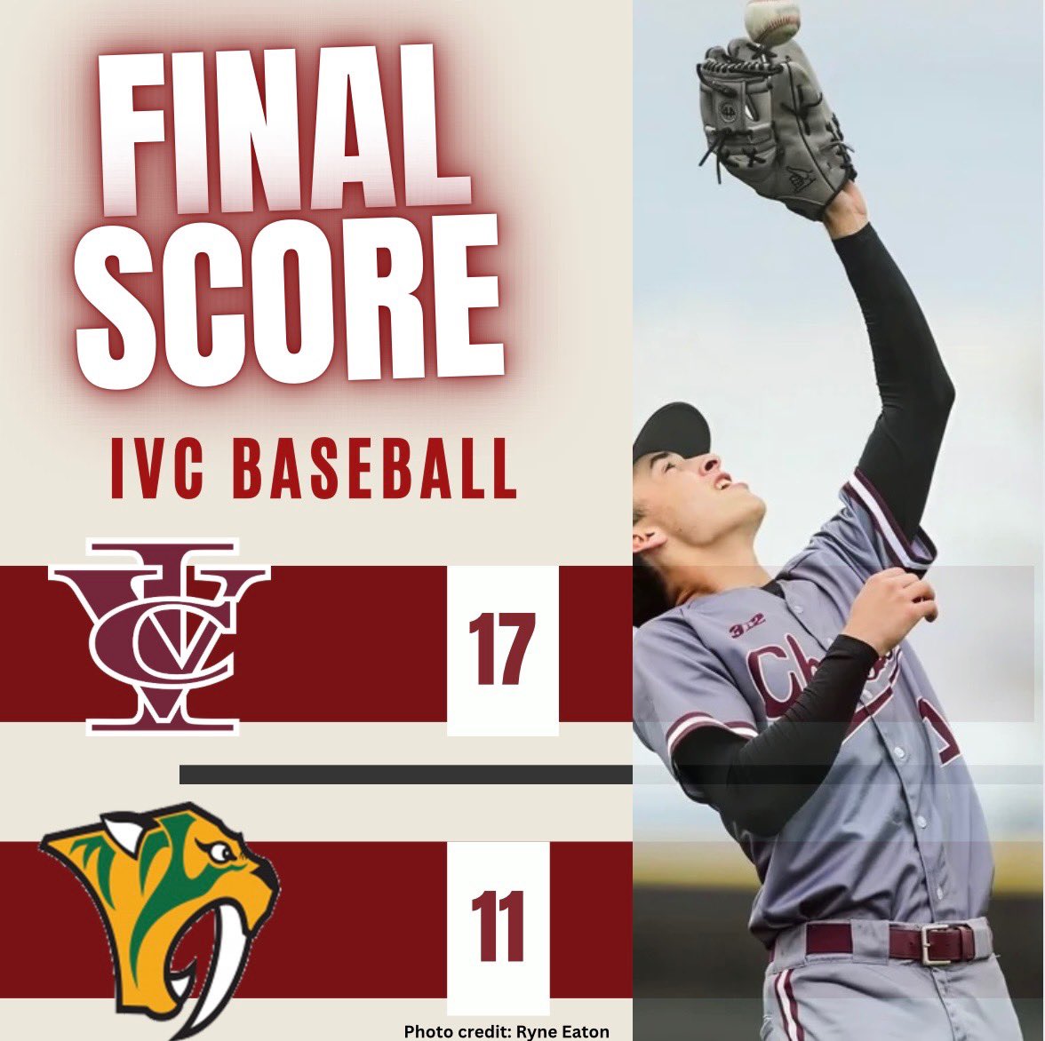 IPC win x 2! 

Finish 8-1 in the IPC.

Game 1- PBL

Pitching 
Perez: W, 6.2, 2H, 0R, 10K
Bramer: SV

Offense 
2B: Coventry, Landsverk

Game 2- St. Thomas More

Pitching
Schol: W

Offense 
Multi Hit: Perez, Yates, Landsverk, Griggs 

XBH: Landsverk (2), Yates

HR: Lusher, Garceau