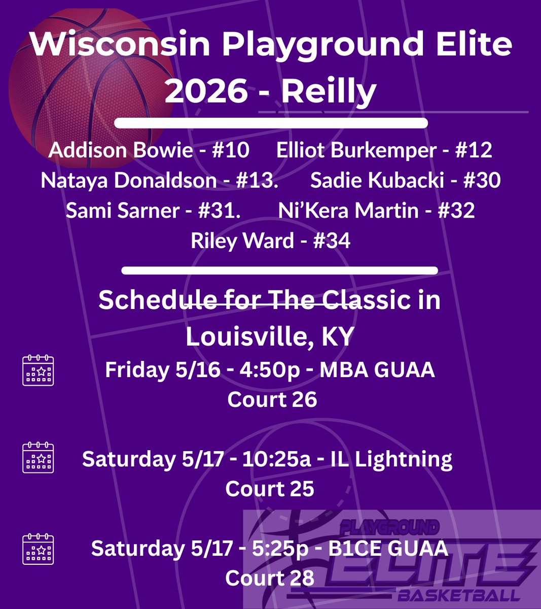 Playground Elite 2026 (@pg2026elite) on Twitter photo ALERT 🚨- Schedule change! See Below ⬇️
We are excited for our next tournament. May 15 - 18th. The
<a href="/Ohio_Basketball/">OhioBasketball.com</a>
Classic in Louisville, KY. A lot of talent on this team, come and see us play! We are ready!
<a href="/WIPGEGirls/">Wisconsin Playground Elite</a> ALERT 🚨- Schedule change! See Below ⬇️
We are excited for our next tournament. May 15 - 18th. The
<a href="/Ohio_Basketball/">OhioBasketball.com</a>
Classic in Louisville, KY. A lot of talent on this team, come and see us play! We are ready!
<a href="/WIPGEGirls/">Wisconsin Playground Elite</a>