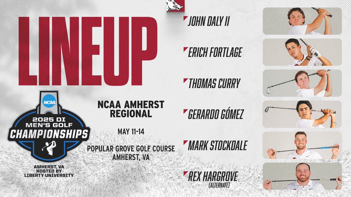 RazorbackMGolf's tweet image. Due to inclement weather, the NCAA Amherst Regional will start on Sunday afternoon instead of Monday. Inclement weather is in the forecast so they will adjust each day with hopes of completing 54 holes by Wednesday.
🐗⛳️ #WPS
