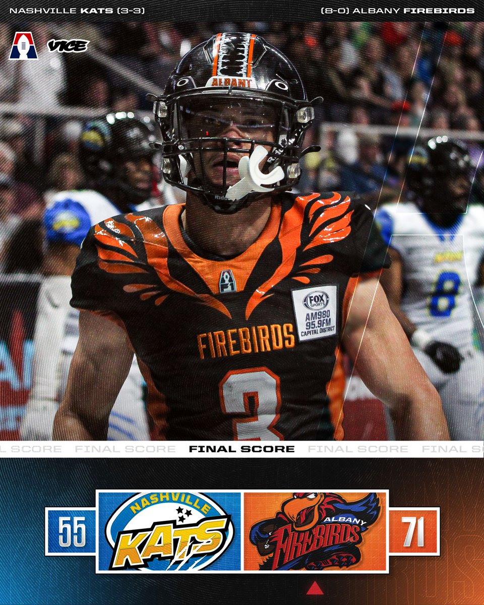 AF1 (@af1football) on Twitter photo Albany stays UNDEFEATED! 🔥
The Albany Firebirds continue to put up HISTORICAL numbers on offense, defeating the Nashville Kats (71-55). 🪽
<a href="/FirebirdsAF1/">Albany Firebirds</a> | <a href="/NashvilleKatsFB/">Nashville Kats</a> | <a href="/VICE/">VICE</a> Albany stays UNDEFEATED! 🔥
The Albany Firebirds continue to put up HISTORICAL numbers on offense, defeating the Nashville Kats (71-55). 🪽
<a href="/FirebirdsAF1/">Albany Firebirds</a> | <a href="/NashvilleKatsFB/">Nashville Kats</a> | <a href="/VICE/">VICE</a>