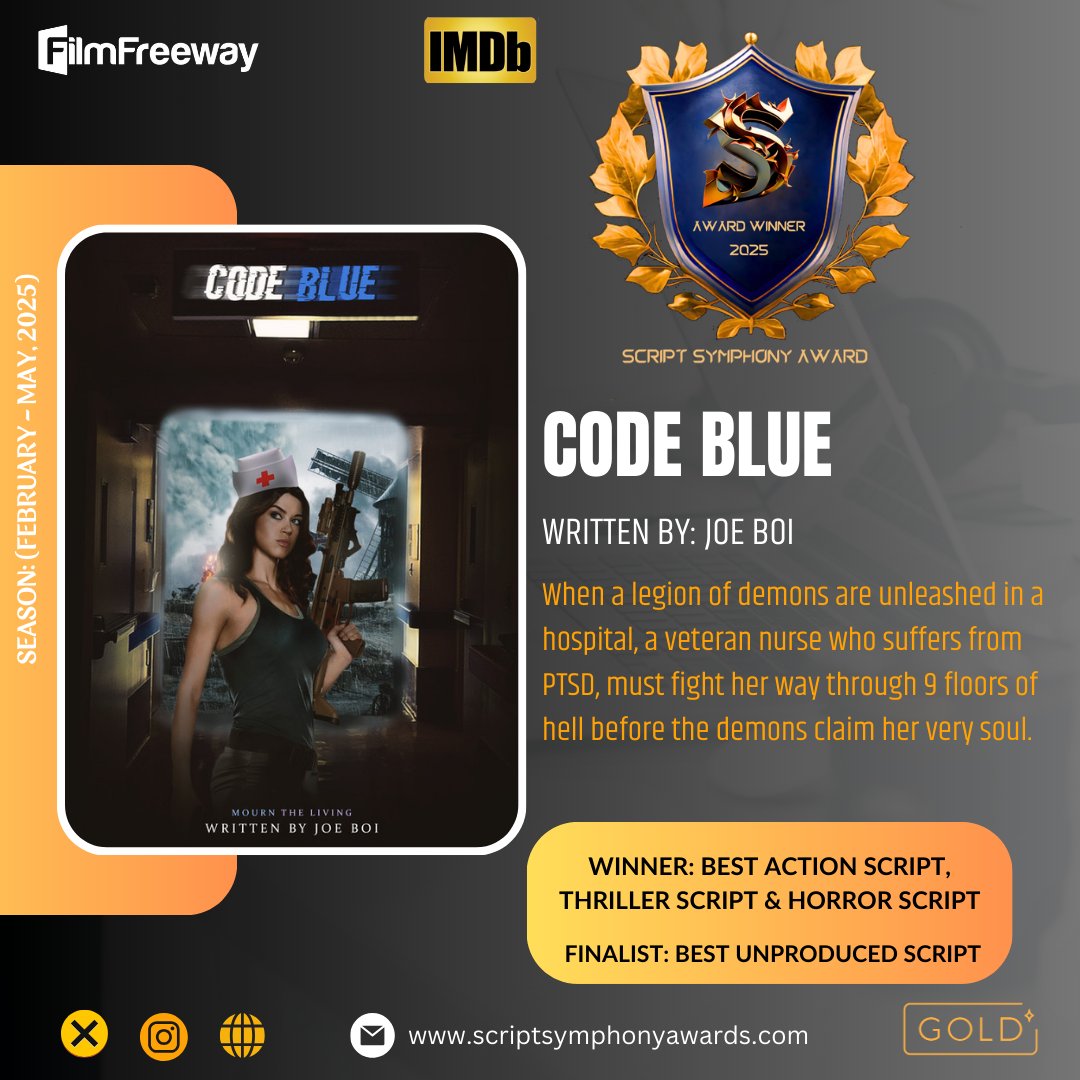 ScriptSaward's tweet image. Congratulations to Joe Boi for his remarkable achievement! We express our sincere gratitude for his participation in our film festival. We eagerly anticipate his future accomplishments.
#winner #CodeBlue #horrorscript #thriller #action #SSA