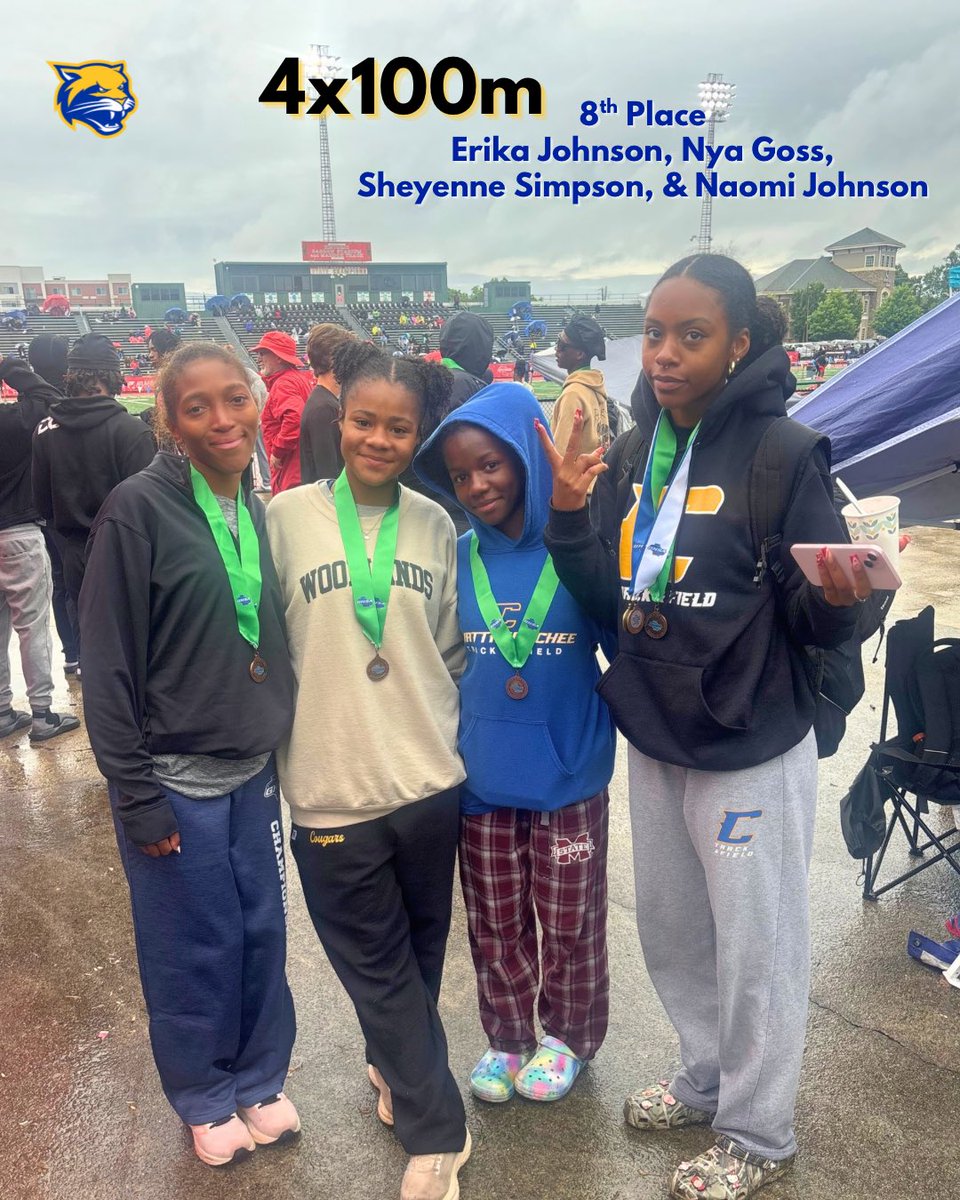 The second day of the Track &amp; Field State Meet resulted in some amazing WINS by our Cougars! One being a 8th place for our 4x100m including Sheyenne Simpson, Erika Johnson, Nya Goss, and Naomi Johnson! Congrats girls &amp; GO HOOCH! 🐾👏🏼💙