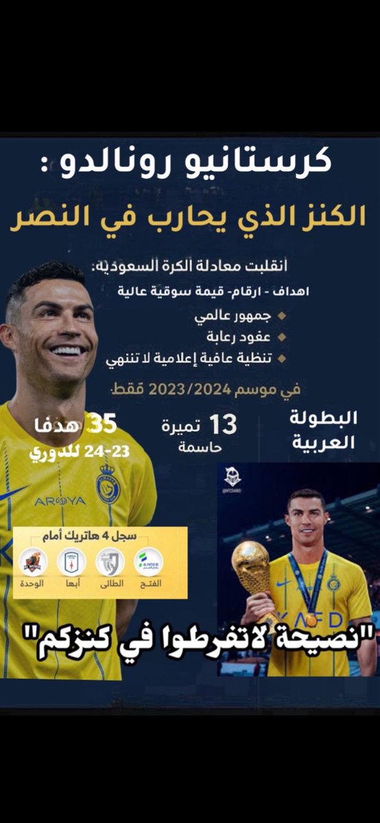 تبا لمن أراد أن يغادر الأسطورة من النصر 

حتى الزعولين مالهم شغل إلا مطالبه 

بمشاركته معهم في كأس العالم .

والمصيبة مايأسوا أبدا .

للعلم #كرستيانو_رونالدو هو الوحيد من يقرر استمراره او بقاءه في كرة القدم ومشروعنا السعودي الضخم الذي انتقل من خلاله إلى النصر العالمي .💛💙