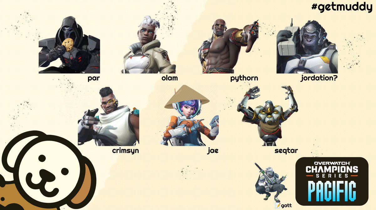 MUD DOG (@muddogoce) on Twitter photo Introducing our roster for <a href="/OW_Esports_Asia/">Overwatch Esports Asia</a> OWCS Pacific Stage 2 💫
⚔️ par // olam
🛡️ pythorn // jordation
💊 crimsyn // jae // seqtar
📝 gatt
Let's #getmuddy 🐶 Introducing our roster for <a href="/OW_Esports_Asia/">Overwatch Esports Asia</a> OWCS Pacific Stage 2 💫
⚔️ par // olam
🛡️ pythorn // jordation
💊 crimsyn // jae // seqtar
📝 gatt
Let's #getmuddy 🐶