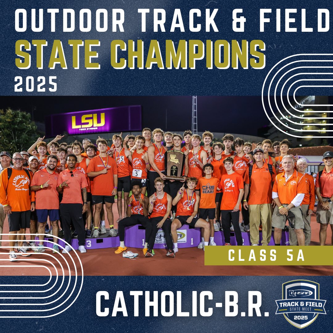 LHSAAsports's tweet image. Congratulations to our 2025 LHSAA Track &amp;amp; Field State Champions for Class 4A &amp;amp; 5A! 

CLASS 5A
🏆Boys - Catholic-B.R.
🏆Girls - Barbe
CLASS 4A
🏆Boys - Brusly
🏆Girls - West Feliciana &amp;amp; The Willow School 
(Co-Champions)
