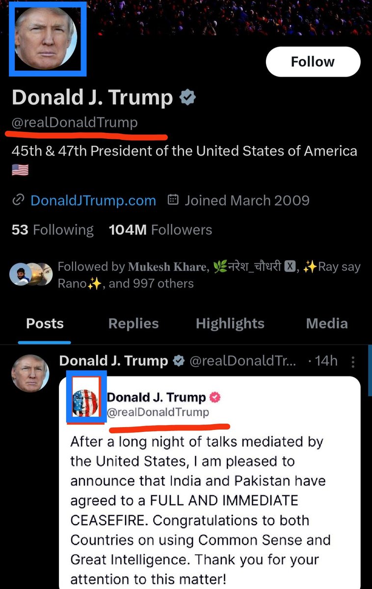 I really don't understand why <a href="/realDonaldTrump/">Donald J. Trump</a> uploaded a Screenshot having different Profile Picture and Red Tick against the same username as that of his real X account.