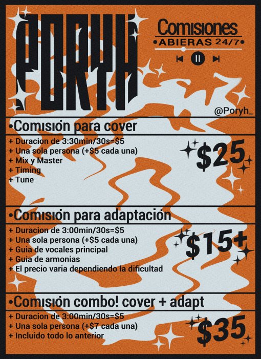✨COMISIONES ABIERTAS✨

Abri comisiones en VGEN para aquellos que quiera trabajar conmigo, ya sea con Mix o Adaptación de Lyrics, si es que no tienes VGEN, mándame DM y podemos hacerlo por Paypal :)

~vgen.co/PORYH~

Plantilla por: <a href="/sang_ah02/">백상아/SASA✧</a>