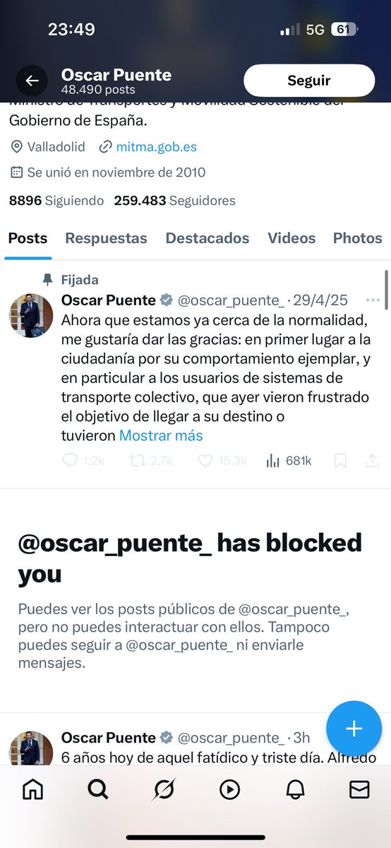 El Sr. Ministro <a href="/oscar_puente_/">Óscar Puente</a> me ha bloqueado por hacerle un comentario a su publicación, dedíquese al Ministerio de Transporte que tanta falta hace sinvergüenza.