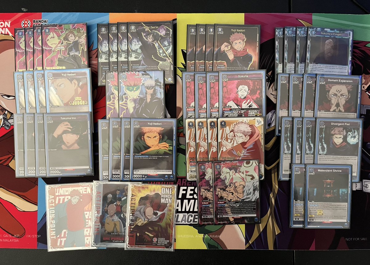 Went 5-0 on Draw3’s first online tournament with good ol reliable 

R1 red garou 
R2 yellow Gojo
R3 shikagami rush 
R4 purple bleach 
R5 purple bleach 

#unionarena #JujutsuKaisen #tournament #unionarenatcg