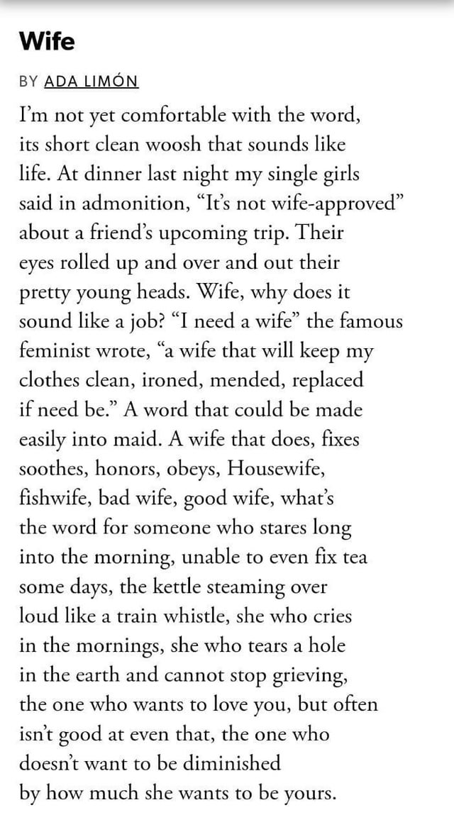 Wife 
A poem by US Poet Laureate Ada Limon #poetry #poetrylovers #WritingCommmunity