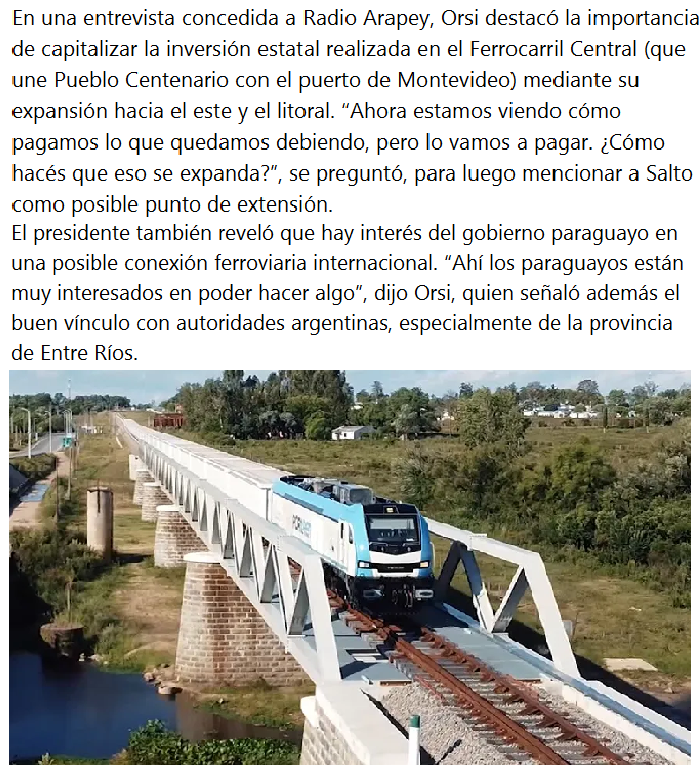 BuenasUruguay's tweet photo. 🇺🇾Orsi plantea extender el 🚂Ferrocarril Central y evalúa conexión internacional con Paraguay.
En una entrevista concedida a Radio Arapey, Orsi destacó la importancia de capitalizar la inversión estatal realizada en el Ferrocarril Central.
➕ℹ️https://t.co/gmWXwApeiZ https://t.co/fs0U90otIE
