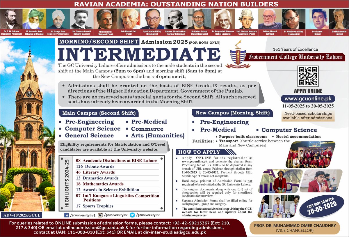 GC University Lahore (@gcuniversitylhr) on Twitter photo FA/FSc Admissions Alert!
Intermediate (Morning/Second Shift) admissions <a href="/gcuniversitylhr/">GC University Lahore</a> open from tomorrow (May 12) for boys. Candidates can apply ONLINE.
KS Campus (Morning Shift): Pre-Engg, PreMed, CS
Main Campus (Second Shift): Pre-Engg, PreMed, CS, Commerce, Arts, GS FA/FSc Admissions Alert!
Intermediate (Morning/Second Shift) admissions <a href="/gcuniversitylhr/">GC University Lahore</a> open from tomorrow (May 12) for boys. Candidates can apply ONLINE.
KS Campus (Morning Shift): Pre-Engg, PreMed, CS
Main Campus (Second Shift): Pre-Engg, PreMed, CS, Commerce, Arts, GS