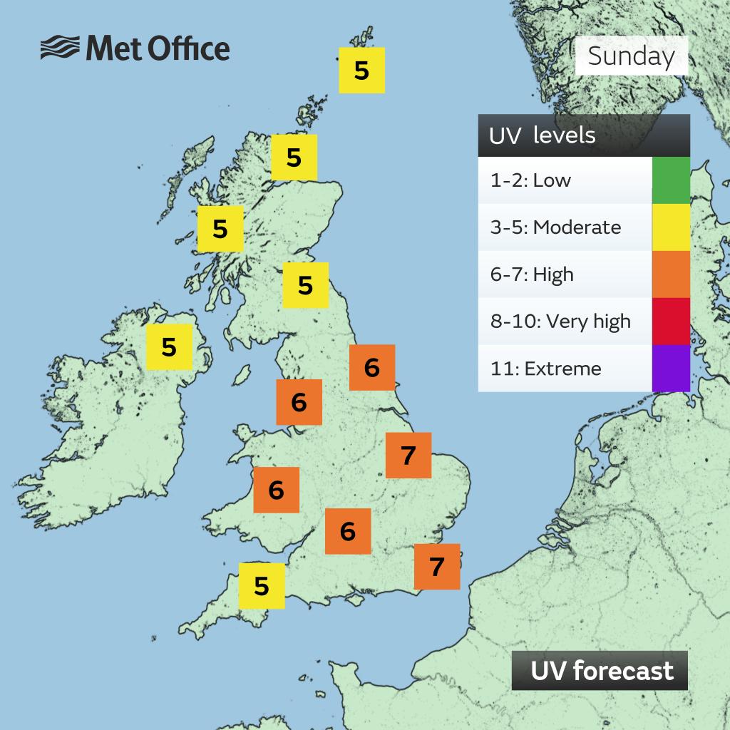 The sun is strong this time of year, and with plenty of sunshine in the forecast, UV levels are high across much of England and Wales ☀️

Remember to wear a hat or take care to protect your skin if spending time outdoors 😎