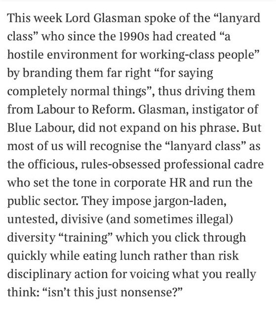 Absolutely spot on commentary by <a href="/VictoriaPeckham/">Janice Turner</a> on the “lanyard class”. Worth reading.
