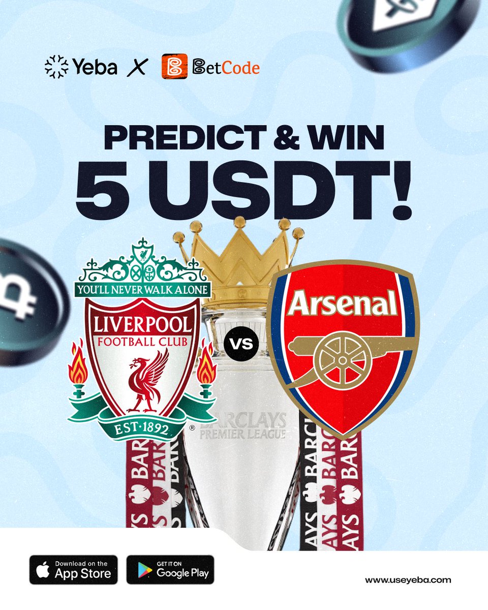 yebatech's tweet image. Liverpool vs Arsenal! Who’s your bet on?

Predict the correct score and stand a chance to win 5 USDT 🤑
Powered by @yebatech x @BETC0DE

📌 To Win:
 ✅ Drop your score prediction in the comments
 ✅ Tag 3 friends
 ✅Make sure they like your comment and follow @yebatech
⏰ Entries…