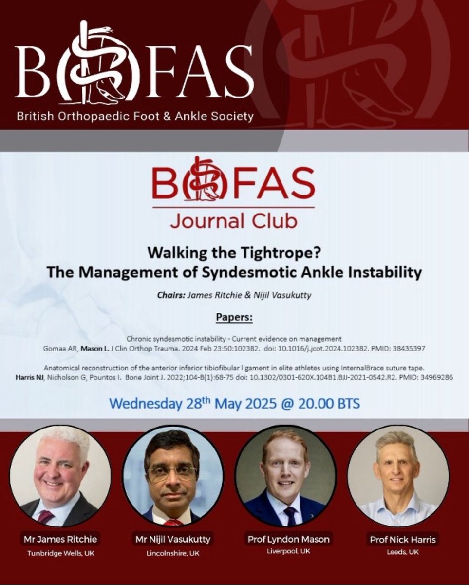 I’ll be speaking at the BOFAS Journal Club on 28 May, 20:00 BST — discussing our 2024 paper on chronic syndesmotic instability. Join us for a great session on this key topic in foot &amp; ankle trauma.

Register: shorturl.at/HhId1
#BOFAS #OrthoTwitter #Syndesmosis