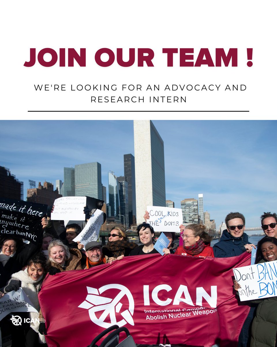 We're hiring a part-time Advocacy &amp; Research Intern! 

This is a great opportunity to get hands-on experience in disarmament advocacy, international law, and policy research. And yes, we pay our interns.

📅 Apply here by 16 May: 
icanw.org/careers_advoca…

#NuclearBan