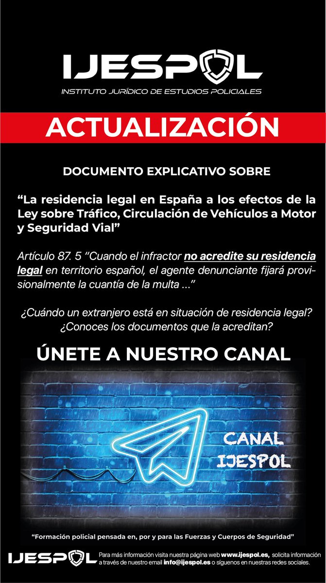 Ijespol2020's tweet photo. 🔴 🔴🔴ACTUALIZACIÓN🔴🔴🔴
“La residencia legal en España a los efectos de la Ley sobre Tráfico, Circulación de vehículos a motor y Seguridad Vial”
#FORMACIONIJESPOL #FORMACIONPOLICIAL #MANUALESPOLICIALES #CURSOSIJESPOL #OPOSICIONESPOLICIANACIONAL #OPOSICIONESESCALABASICA https://t.co/iOWxAHmnKb
