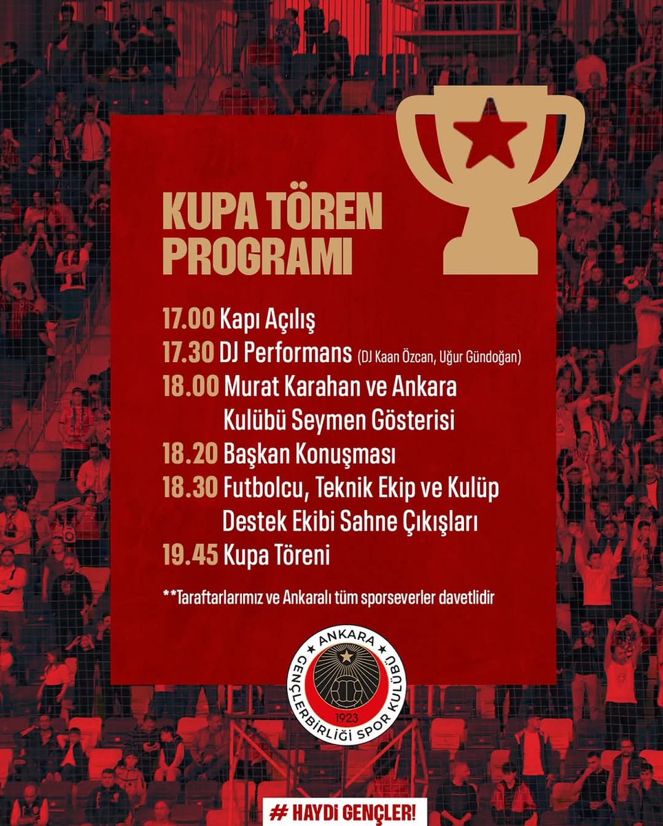 ERYAMAN STADYUMUNDA GERÇEKLEŞTİRECEĞİMİZ 
GENÇLERBİRLİĞİMİZİN KUPA TÖRENİNE KATILIMLARINIZDAN BÜYÜK MUTLULUK DUYARIM... GİRİŞLER SERBESTTİR...