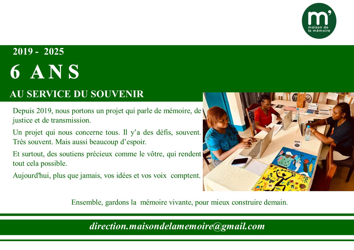 6 ans d’action collective pour la mémoire et la dignité. Continuons ensemble. Merci pour votre confiance.
 #MémoireRCA
<a href="/PascaleGaby/">Pascale Gaby</a> <a href="/madiorsow/">Madior SOW-OUAKARA</a> <a href="/ophelie_manda/">Ophelie Manda</a> <a href="/SorrowNgbo/">Srw Ngbo 🛡</a>