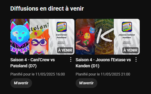Dernier dimanche pour la Saison 4 de la #LigueEBTV avec deux matchs à suivre en direct 📺
- 16h : Cani'Crew vs Patoland (D7)
- 21h : Jouons l'Extase vs Kanden (D1)