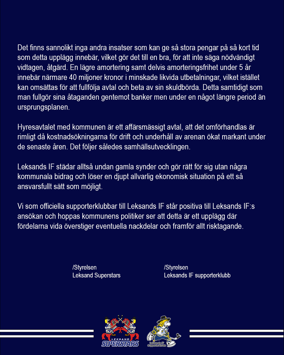 Med anledning av att Leksands IF nyligen lämnat in en ansökan till kommunen om ett utökat borgensåtagande upplever vi att det återigen förekommer en hel del missförstånd samt medvetna vantolkningar om situationen kring Leksands IF:s och Leksands kommuns relation.

Det drev som