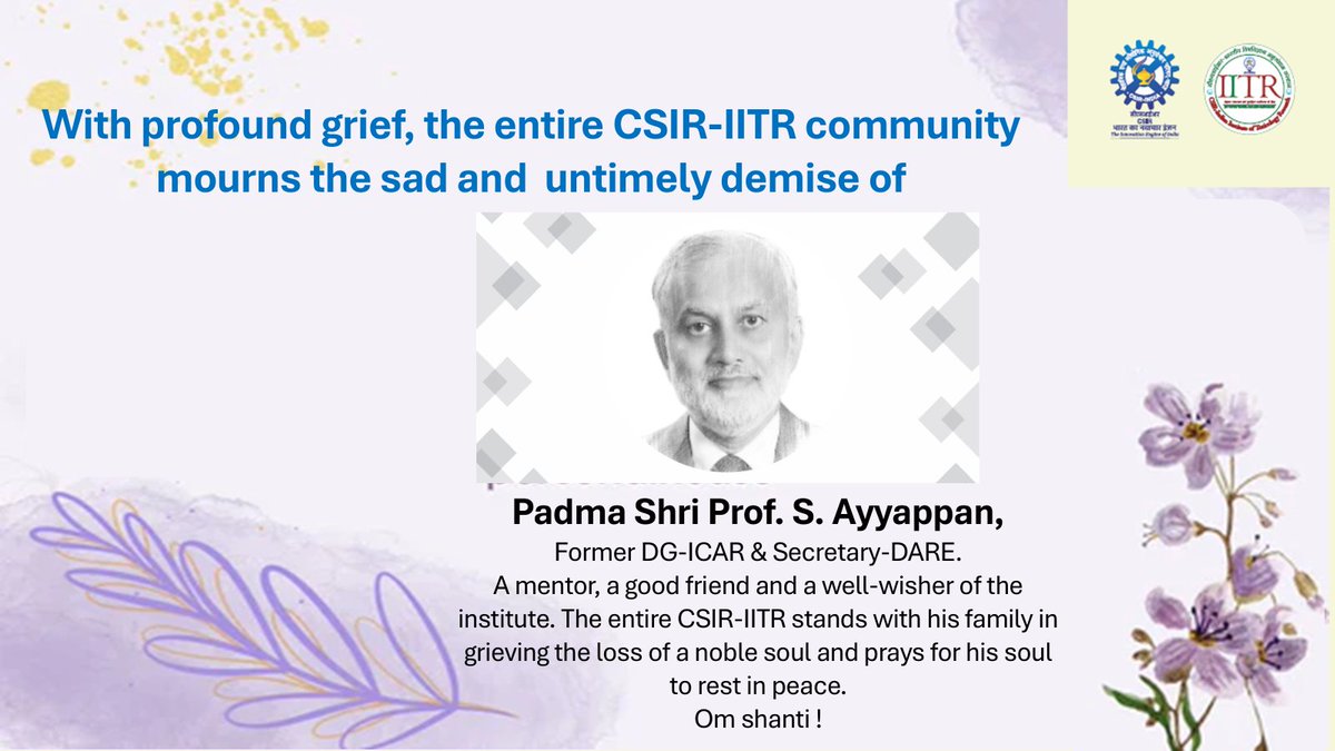 CSIR-IITR (@csir_iitr) on Twitter photo With profound grief, the entire <a href="/CSIR_IITR/">CSIR-IITR</a> community mourns the sad and untimely demise of Padma Shri Prof. S. Ayyappan, Former DG-ICAR & Secretary-DARE. A mentor, a good friend and a well-wisher of the institute. <a href="/EnnBeeIITR/">Bhaskar</a> <a href="/CSIR_IND/">CSIR, India</a> <a href="/DrNKalaiselvi/">N Kalaiselvi</a> With profound grief, the entire <a href="/CSIR_IITR/">CSIR-IITR</a> community mourns the sad and untimely demise of Padma Shri Prof. S. Ayyappan, Former DG-ICAR & Secretary-DARE. A mentor, a good friend and a well-wisher of the institute. <a href="/EnnBeeIITR/">Bhaskar</a> <a href="/CSIR_IND/">CSIR, India</a> <a href="/DrNKalaiselvi/">N Kalaiselvi</a>