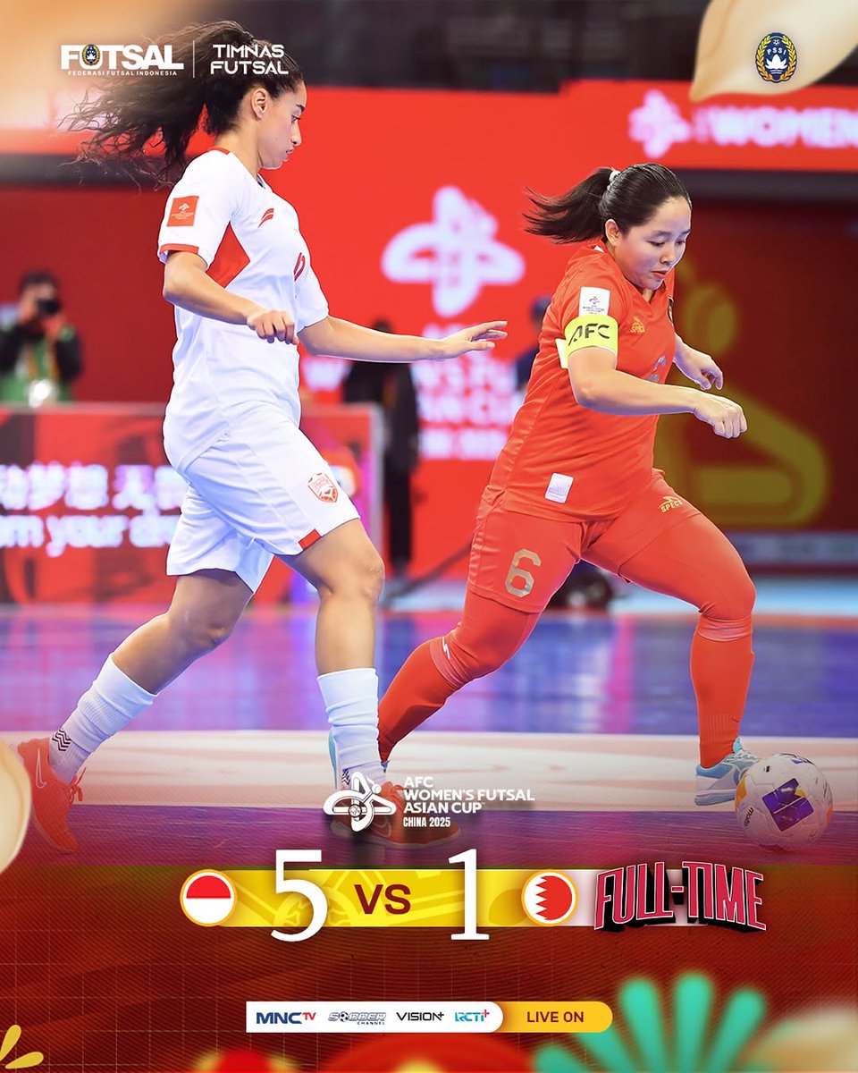 𝑭𝒖𝒍𝒍 𝑻𝒊𝒎𝒆

Indonesia 🇮🇩 5️⃣ - 1️⃣ 🇧🇭 Bahrain

Garuda Pertiwi berhasil lolos ke babak berikutnya. Perjuangan yang luar biasa 🦅🇮🇩

Ayo Garuda Pertiwi kami mendukungmu! Futsal Indonesia! Juara! 🇮🇩

#WACFutsal2025